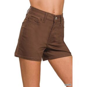 Zenana Mid Rise Cotton Blend Shorts Brown NEW